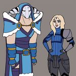  1girl armor blue_eyes braid commentary cosplay costume_switch defense_of_the_ancients dota_2 english_commentary fang gauntlets helmet hips long_hair rylai_(dota) rylai_(dota)_(cosplay) sven_(dota) white_hair yellow_eyes 