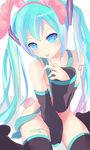  animal_ears aqua_eyes aqua_hair bunny_ears condom cum detached_sleeves gumo hatsune_miku heart heart-shaped_pupils highres licking long_hair multicolored_hair necktie nude sitting solo symbol-shaped_pupils thighhighs twintails used_condom very_long_hair vocaloid wariza 