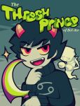  1boy black_hair black_sweater cancer_(symbol) colored_sclera colored_skin commentary english_commentary fangs finger_to_own_chin grey_skin hands_up holding holding_sickle holding_weapon homestuck horns karkat_vantas male_focus nekozneko open_mouth orange_horns red_eyes short_hair smile solo sparkle sweater turtleneck turtleneck_sweater weapon yellow_sclera 