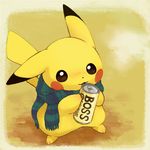  can canned_coffee clothed_pokemon commentary_request gen_1_pokemon konanbo no_humans pikachu pokemon pokemon_(creature) scarf 