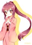  ahoge brown_eyes character_name highres japanese_clothes kimono looking_at_viewer mushuu pink_kimono ponytail purple_hair silhouette smile solo sugiura_ayano yukata yuru_yuri 