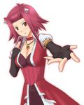  blush breasts brown_eyes card choker cleavage collar elbow_gloves fingerless_gloves gloves izayoi_aki jewelry large_breasts oz_(3103oz) pendant playing_card red_hair short_hair smile solo yuu-gi-ou yuu-gi-ou_5d's 