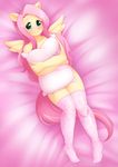  bed blue_eyes blush equine fluttershy_(mlp) friendship_is_magic fur hair horse legwear looking_at_viewer mammal my_little_pony pastelletta pillow pink_hair pony smile stockings yellow_fur 