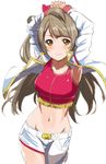  arms_up asymmetrical_clothes blush bow breasts brown_eyes brown_hair fringe_trim hair_bow jacket long_hair looking_at_viewer love_live! love_live!_school_idol_project love_marginal medium_breasts midriff minami_kotori navel one_side_up open_clothes open_jacket smile solo tank_top tetsujin_momoko 