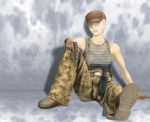  baseball_cap blue_eyes breasts buzz_cut camouflage camouflage_pants gloves gun handgun hat knife large_breasts lips metal_gear_(series) metal_gear_solid_2 military olga_gurlukovich pants pistol s_(wumfma) sitting solo striped tank_top weapon 