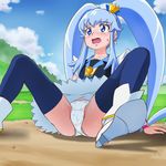  bad_id bad_pixiv_id black_legwear blue_eyes blue_hair cloud crown cure_princess day feet_out_of_frame happinesscharge_precure! high_heels highres long_hair magical_girl mini_crown mont_blanc_(heartcatch_ayaya) panties pantyshot pantyshot_(sitting) precure scared shirayuki_hime shoes sidelocks sitting sky solo spread_legs sweat thighhighs twintails underwear upskirt 