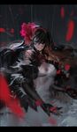  bare_shoulders black_gloves black_hair breasts cleavage dress elbow_gloves gloves hair_ornament hair_over_one_eye hair_ribbon hairband kishiyo large_breasts letterboxed long_hair original petals pink_eyes rain red_eyes ribbon smile solo stole very_long_hair white_dress 