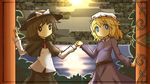  akihiyo blonde_hair bow brown_eyes brown_hair dress egasumi floral_background hat hat_bow highres holding_hands maribel_hearn multiple_girls plant ribbon short_hair smile touhou trojan_green_asteroid usami_renko vines 