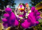 3d_(artwork) 5_toes 699mha absurd_res anthro avian barefoot bird clothing digital_media_(artwork) feet female food foot_focus gloves handwear hi_res hirundinid ice_cream_cone looking_at_viewer oscine outside passerine purple_body sega soles solo sonic_riders sonic_the_hedgehog_(series) swallow_(bird) toes wave_the_swallow