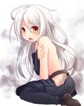  :o ahoge black_legwear black_skirt blurry_vision hip_vent holding_arm kantai_collection kikuzuki_(kantai_collection) long_hair looking_at_viewer nagasioo open_mouth pleated_skirt self_hug sitting skirt smoke solo thighhighs topless torn_clothes very_long_hair wariza white_hair yellow_eyes 