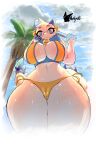 absurd_res angela_flux anthro atlyss bell bell_accessory big_breasts blue_eyes blue_horn bodily_fluids breasts camel_toe clothing cloud cloudy_sky dessert eyewear female food fur glasses head_tuft hi_res holding_food holding_ice_cream holding_object horn ice_cream kubold_(atlyss) looking_at_viewer navel nemiyakii palm_tree plant round_glasses sky solo sweat sweatdrop swimwear tail tail_ridge thick_thighs tree tuft white_body white_fur wide_hips yellow_clothing yellow_swimwear