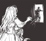  2girls backlighting closed_mouth corset cowboy_shot dragon_girl dragon_tail dress frown greyscale hair_over_one_eye height_difference long_hair lowres monochrome mother_and_daughter multiple_girls open_door original silhouette standing tail wooni 