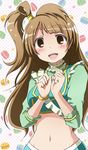  blush brown_eyes brown_hair crop_top earth_ekami food long_hair looking_at_viewer love_live! love_live!_school_idol_project macaron midriff minami_kotori music_s.t.a.r.t!! navel one_side_up open_mouth smile solo 