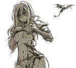  after_rape after_sex armor blood breasts broken_armor dragon frown injury knight large_breasts long_hair monochrome navel nipples original solo torn_clothes wooni 