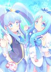  blue_hair blue_skirt bow color_connection crown cure_marine cure_princess earrings grin happinesscharge_precure! hashibuto heartcatch_precure! holding_hands jewelry kurumi_erika long_hair magical_girl multiple_girls necktie precure shirayuki_hime skirt smile tiara twintails 