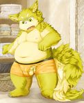  balls black_nose chubby clothing eyebrows flaccid fluffy_tail green_eyes kemono lime_fur male moobs mti navel nipples open_mouth penis pixiv solo standing torn_clothing underwear wardrobe_malfunction 