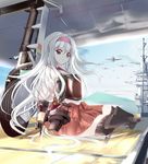  41y_(yooichiwai) aircraft airplane black_legwear blue_sky blush boots cloud day flight_deck hairband hakama_skirt island japanese_clothes kantai_collection long_hair muneate object_namesake ocean red_eyes ribbon shoukaku_(aircraft_carrier) shoukaku_(kantai_collection) silver_hair sitting skirt sky smile thigh_boots thighhighs white_hair zettai_ryouiki 