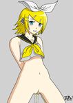  aqua_eyes arms_behind_back bare_shoulders blonde_hair blush bottomless bow cowboy_shot grey_background grin hair_bow hair_ornament hairclip headset kagamine_rin looking_at_viewer navel neckerchief pee peeing pussy sailor_collar seductive_smile simple_background smile solo standing uncensored vocaloid 