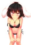  alternate_costume animal_ears bent_over between_breasts black_bra black_hair black_panties blush bra breasts bunny_ears carrot carrot_necklace cleavage collarbone commentary_request hands_on_own_knees highres inaba_tewi jewelry lace lace-trimmed_bra large_breasts looking_at_viewer navel necklace older panties pendant red_eyes rena_(riries) side-tie_panties simple_background smile solo strap_slip touhou underwear underwear_only white_background 