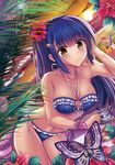  bad_id bad_pixiv_id bandeau beach beach_umbrella bikini blue_hair blush breasts brown_eyes bug butterfly cat_hair_ornament cleavage collarbone drink dutch_angle flower hair_flower hair_ornament hairclip halterneck hibiscus highres insect large_breasts long_hair miazi ocean original pearl ponytail shell solo sunset swimsuit umbrella water wet 