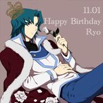  blue_eyes blue_hair cape flower happy_birthday male_focus marufuji_ryou momye rose school_uniform smile solo white_flower white_rose yuu-gi-ou yuu-gi-ou_gx 