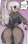  2girls ace_glitch animal_ears ass blush braid cameltoe cowboy_shot cropped_torso crossed_arms dark-skinned_female dark_skin english_commentary english_text fake_animal_ears girls&#039;_frontline girls&#039;_frontline_2:_exilium grey_hair grin hair_between_eyes high_ponytail highres krolik_(girls&#039;_frontline_2) long_hair looking_at_viewer looking_back mechanical_ears multiple_girls nemesis_(girls&#039;_frontline_2) official_alternate_costume open_mouth playboy_bunny ponytail purple_background rabbit_ears red_eyes smile tactical_playboy_bunny teeth 