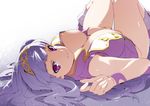  blush bottomless breasts cleavage gradient gradient_background hairband idolmaster idolmaster_(classic) inue_shinsuke inverted_nipples large_breasts long_hair looking_at_viewer lying nipple_slip nipples no_bra on_back pink_diamond_765 puffy_nipples purple_eyes shijou_takane silver_hair smile solo thigh_gap 