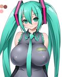 arms_behind_back bangs bare_shoulders breasts covered_nipples detached_sleeves frilled_shirt frills green_eyes green_hair hair_between_eyes hair_ornament hatsune_miku huge_breasts light_smile long_hair looking_at_viewer necktie onomeshin shirt simple_background sleeveless sleeveless_shirt smile solo twintails upper_body vocaloid white_background wide_hips wing_collar 
