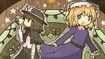  akihiyo blonde_hair blue_eyes bow brown_eyes brown_hair dress flower hat highres holding holding_flower maribel_hearn multiple_girls open_mouth ribbon short_hair star sun touhou trojan_green_asteroid usami_renko 