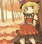  against_tree aki_minoriko akihiyo autumn barefoot blonde_hair blush dress feet food forest fruit grapes hat leaf maple_leaf nature red_eyes ribbon short_hair sitting skirt_hold smile soles solo touhou tree 