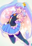  appendix black_legwear blue_eyes blue_hair blue_skirt crown cure_princess frills full_body happinesscharge_precure! long_hair magical_girl mini_crown necktie outstretched_hand precure shirayuki_hime shoes sidelocks skirt smile solo thighhighs twintails wrist_cuffs 