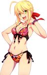  absurdres ahoge bikini blonde_hair breasts cleavage fate/extra fate_(series) green_eyes hair_ribbon highres looking_at_viewer medium_breasts navel nero_claudius_(fate) nero_claudius_(fate)_(all) open_mouth red_ribbon ribbon short_hair side-tie_bikini smile solo swimsuit takeuchi_takashi transparent_background 