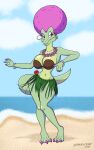 2024 3_toes 4_fingers afro anthro beach big_breasts breasts cloud coconut_bra dancing donkey_kong_(series) ear_piercing ear_ring feet female fingers flower flower_necklace grass_skirt green_body hair hi_res hoop_ear_ring kalypso kremling looking_aside nintendo outside pearl_bracelet piercing plant purple_hair red_eyes ring_piercing rose_(flower) sand scalie shoreline smile solo sparkpad tail toes voluptuous_female water wide_hips