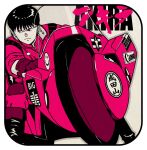  1boy akira_(manga) black_hair boots border closed_mouth commentary_request copyright_name drops_bkr english_text feet_out_of_frame frown gloves jacket kaneda_shoutarou&#039;s_bike kaneda_shoutarou_(akira) limited_palette looking_to_the_side male_focus motor_vehicle motorcycle on_motorcycle pants red_eyes red_jacket red_pants romaji_text short_hair sideways_glance sitting sleeves_rolled_up solo 