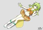  ahoge aqua_eyes bangs blush boots dutch_angle from_above full_body green_hair grey_background gumi hair_between_eyes lying makishi midriff miniskirt navel on_back parted_lips pee peeing peeing_self puddle simple_background skirt solo vocaloid wrist_cuffs 