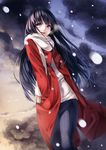  black_hair coat hands_in_pockets kyon_(fuuran) long_hair looking_at_viewer open_mouth original purple_eyes scarf smile snowing solo 