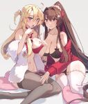  2girls alternate_costume black_bra blonde_hair blue_eyes bra breasts brown_hair chocolate chocolate_on_body chocolate_on_breasts chocolate_on_face choker closed_mouth collarbone commentary food food_on_body food_on_face frilled_choker frills grey_background grey_thighhighs heart heart-shaped_pillow highres himeyamato iowa_(kancolle) kantai_collection large_breasts long_hair looking_at_viewer multiple_girls navel one_side_up pillow ponytail red_bra red_choker red_eyes red_sweater simple_background star-shaped_pupils star_(symbol) sweater symbol-shaped_pupils thighhighs underwear valentine white_thighhighs yamato_(kancolle) 
