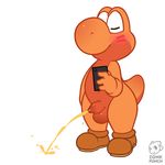  balls blush eyes_closed feral male mario_bros nintendo peeing penis phone plain_background shoes solo standing uncut urine video_games watersports white_background yoshi zonkpunch 