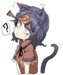  1girl ? animal_ears black_ribbon blue_eyes blush cat_ears cat_girl cat_tail closed_mouth commentary_request expressionless expressive_clothes fang jiangshi kemonomimi_mode lace-trimmed_sleeves lace_trim miyako_yoshika neck_ribbon no_headwear ofuda purple_hair red_shirt ribbon shika_miso shirt simple_background skin_fang solo spoken_question_mark tail touhou translation_request upper_body white_background 