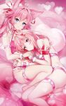  2girls ahoge animal_ears bandeau blue_eyes box breasts english_text fox_ears fox_girl fox_tail fur-trimmed_bandeau fur-trimmed_wrist_cuffs hair_ornament hair_ribbon heart heart-shaped_box heart_hair_ornament highres holding holding_box light_blush light_smile long_hair looking_at_viewer lying medium_breasts multiple_girls on_back on_side original pink_hair purple_eyes ribbon rimuu tail wrist_cuffs yuri 