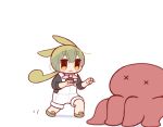  1girl :3 alternate_costume bandana bandana_around_neck blush_stickers chibi commentary_request full_body green_hair green_shirt green_shoes highres looking_at_animal low_ponytail miyuto octopus open_mouth overall_shorts overalls pink_bandana ponytail shirt simple_background sneaking solo thick_eyebrows three-quarter_sleeves voicevox white_background white_overalls x_x yellow_eyes zundamon 