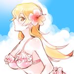  bikini blonde_hair blush breasts brown_eyes cleavage flower hair_flower hair_ornament hibiscus large_breasts long_hair lowres solo swimsuit tenjouin_asuka yamori_(ymrr) yuu-gi-ou yuu-gi-ou_gx 