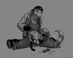  clothing condom greyscale lizard looking_at_viewer male monochrome murskahammas penis reptile scalie sitting solo spread_legs spreading 