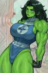  1boy 1girl abs absurdres black_hair breasts cleavage colored_skin fantastic_four gabriel_ales green_eyes green_hair green_skin highres large_breasts leotard long_hair marvel marvel_rivals muscular muscular_female she-hulk spider-man spider-man_(series) thighs 