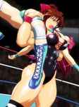  2girls abs beaten boots breasts brown_hair cleavage clenched_teeth defeated fighting large_breasts leotard mighty_yukiko multiple_girls muscle muscles noppo-san open_mouth pain pink_hair ponytail purple_eyes pussy_buldge ryona size_difference spread_legs submission sweat teeth thick_thighs thighs thunder_ryuko wrestle_angels wrestling wrestling_outfit wrestling_ring wristband 
