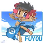  1girl anklet barefoot black_hair blue_eyes blue_sarong border chibi chibi_only commission dot_nose full_body ikkyuu jewelry midriff navel open_mouth phoebe_(pokemon) pixiv_commission pokemon pokemon_oras sarong short_hair signature solo white_border 