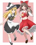  anime_coloring apron arice-spead-21 armpits bare_shoulders black_legwear blonde_hair bow braid brown_eyes brown_hair detached_sleeves grin hair_bow hair_tubes hakurei_reimu hands_together hat hat_bow highres kirisame_marisa long_hair long_sleeves looking_at_viewer midriff multiple_girls navel open_mouth pink_background pose puffy_sleeves shirt short_sleeves single_braid skirt skirt_set smile touhou v waist_apron white_background white_bow witch_hat 
