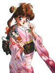  1girl ball blush brown_eyes brown_hair cowboy_shot floral_print flower furisode hagoita hair_flower hair_ornament hane_(hanetsuki) hanetsuki highres holding holding_paddle japanese_clothes kimono long_hair long_sleeves looking_at_viewer makino_ryuuichi non-web_source obi obijime open_mouth original paddle pasocom_paradise pink_kimono retro_artstyle sash simple_background solo white_background wide_sleeves 