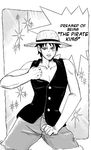  araki_hirohiko_(style) artist_request bare_shoulders black_hair buttons comic cowboy_shot crossover derivative_work english giorno_giovanna greyscale hard_translated hat jojo_no_kimyou_na_bouken jojo_pose looking_at_viewer male_focus monkey_d_luffy monochrome one_piece parody pose scar shirt shorts sketch sleeveless solo source_request speech_bubble spread_legs straw_hat style_parody talking toned toned_male translated undressing 