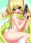  :o angry blonde_hair blush breasts cape cleavage covering covering_breasts green_background green_eyes gun handgun holding holding_gun holding_weapon jpeg_artifacts kneehighs large_breasts little_busters! long_hair m1911 naked_cape naked_scarf navel open_mouth pistol ribbon scarf shiny shiny_skin simple_background socks solo sweat tokido_saya twintails v-shaped_eyebrows weapon white_legwear zen 